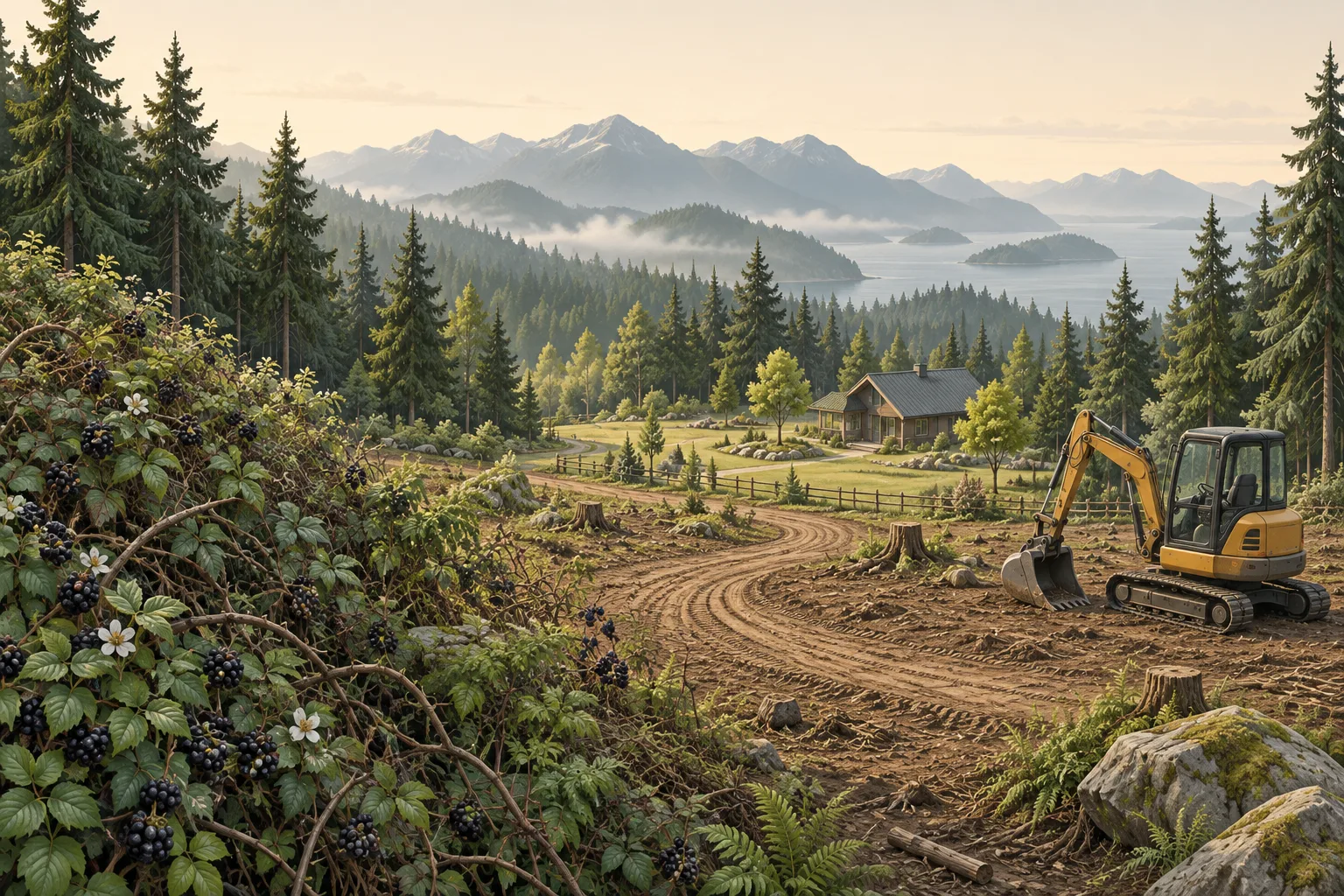 Concept illustration of blackberry growth, open land and clearing equipment in a British Columbia landscape